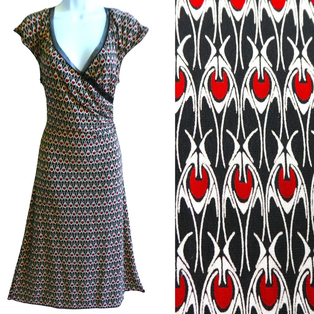 Vintage Max Studio USA Midi Surplice Dress A-Line Ruched Hip Lace Trim S